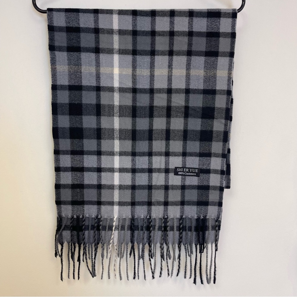 SHI ER YUE 100% Cashmere Scarf Grey Plaid 15”x68” Womens Men’s Neck warmer Money